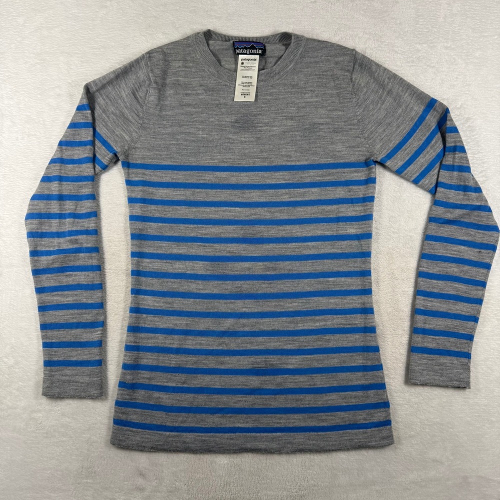 Patagonia Womens S Gray Blue Stripe 100% Merino Wool Crewneck Sweater 51345